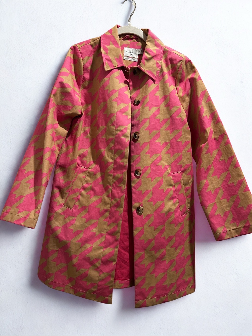 Isaac Mizrahi Pink and Tan Houndstooth Trench Coat 20th Size Small